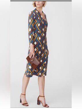 J. McLaughlin Wrap Midi Jersey Fitted Dress. Geometric Blue/Mustard/Brown. Sz L